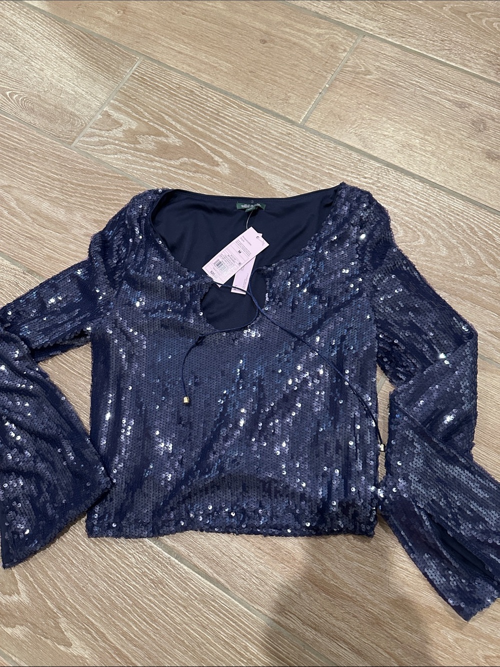 Target Navy Sequin Tie-Front Bell Sleeve Top